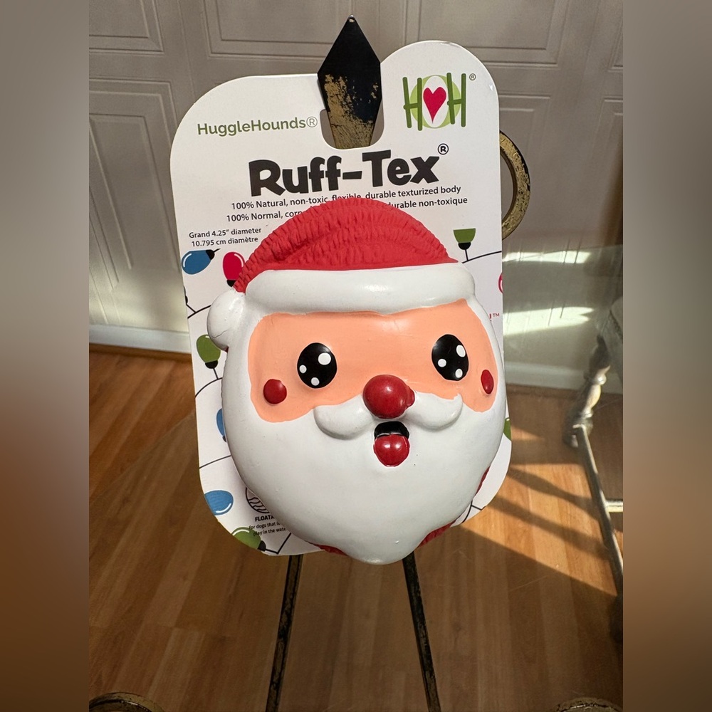 HuggleHounds Squeaky Ruff-Tex Santa Face Ball Dog Toy - With Squeaker